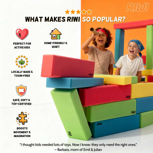 Colorful foam blocks with RIWI branding and children playing in the background, highlighting product features.
