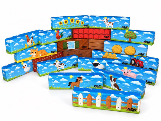RIWI® World – alle bedruckten Velours-Bezüge mit Bauernhof-Motiven auf RIWI® XXL Bausteinen