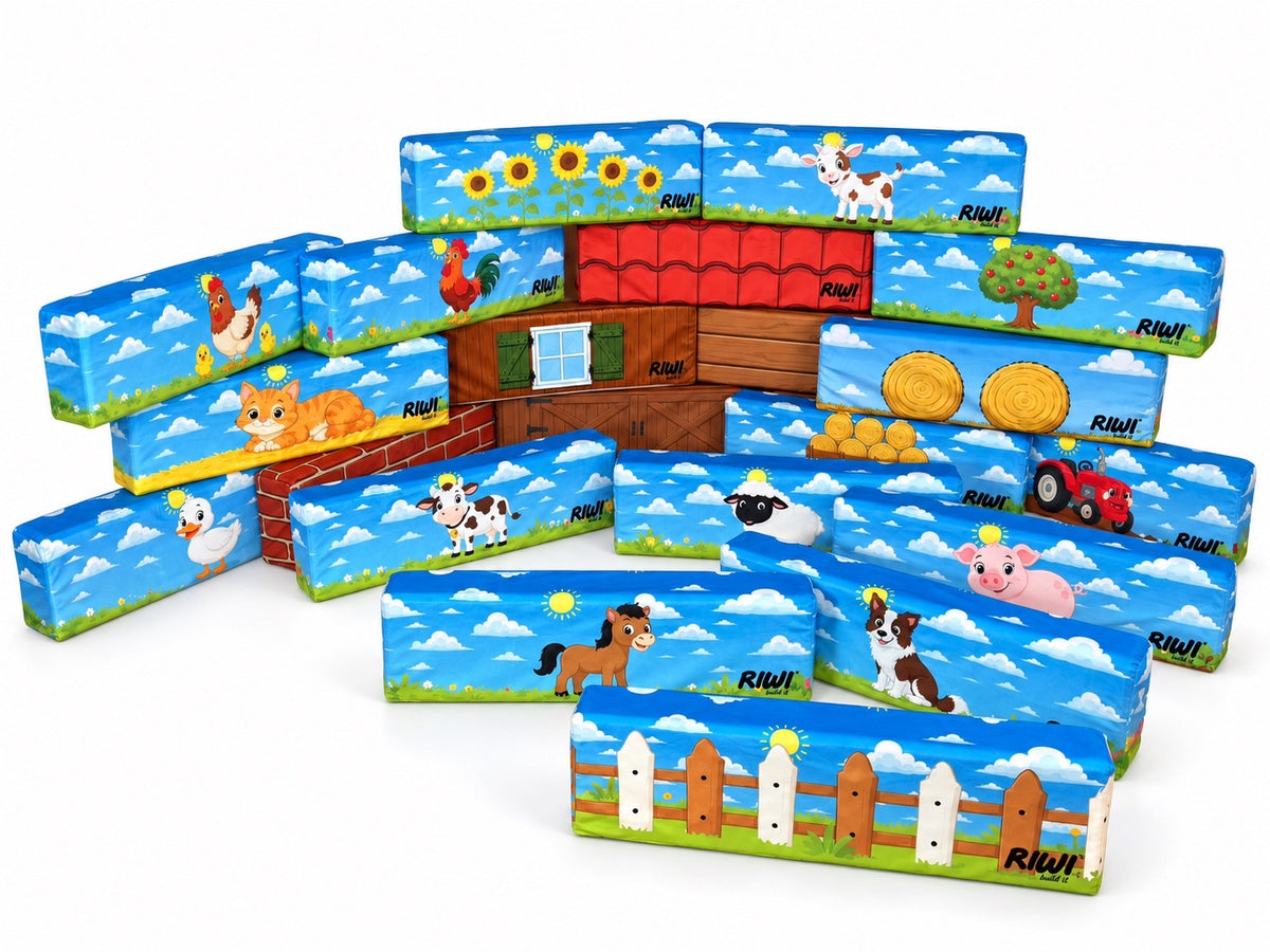 RIWI® World – alle bedruckten Velours-Bezüge mit Bauernhof-Motiven auf RIWI® XXL Bausteinen