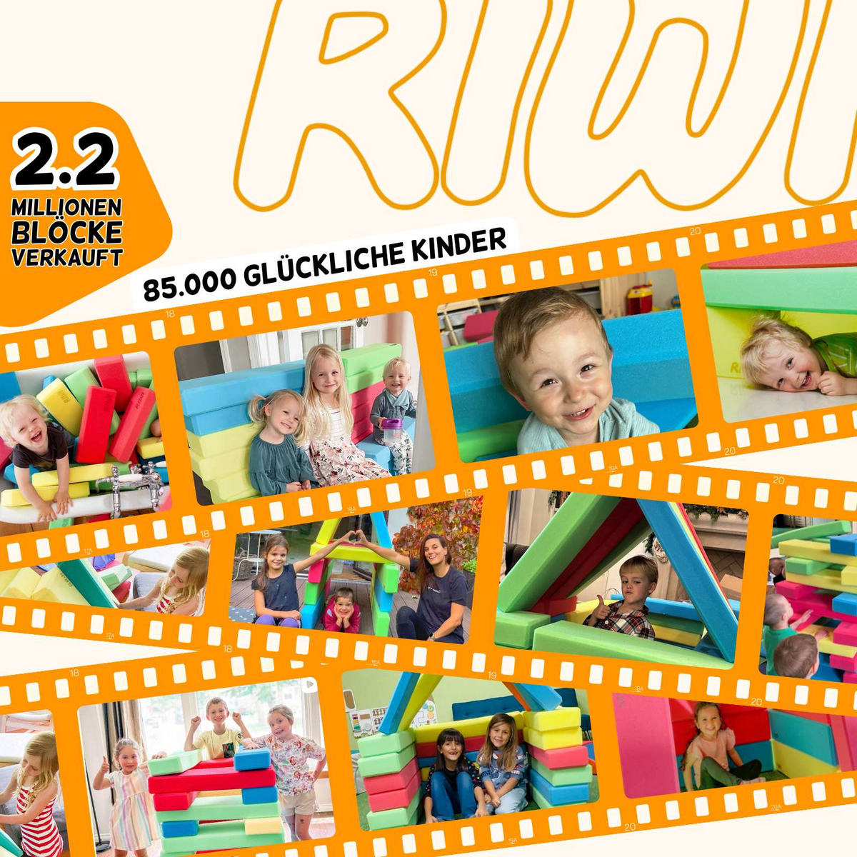 Kinder spielen mit bunten RIWI-Bausteinen, umgeben von Texten über 2,2 Millionen verkaufte Bausteine und glückliche Kinder.