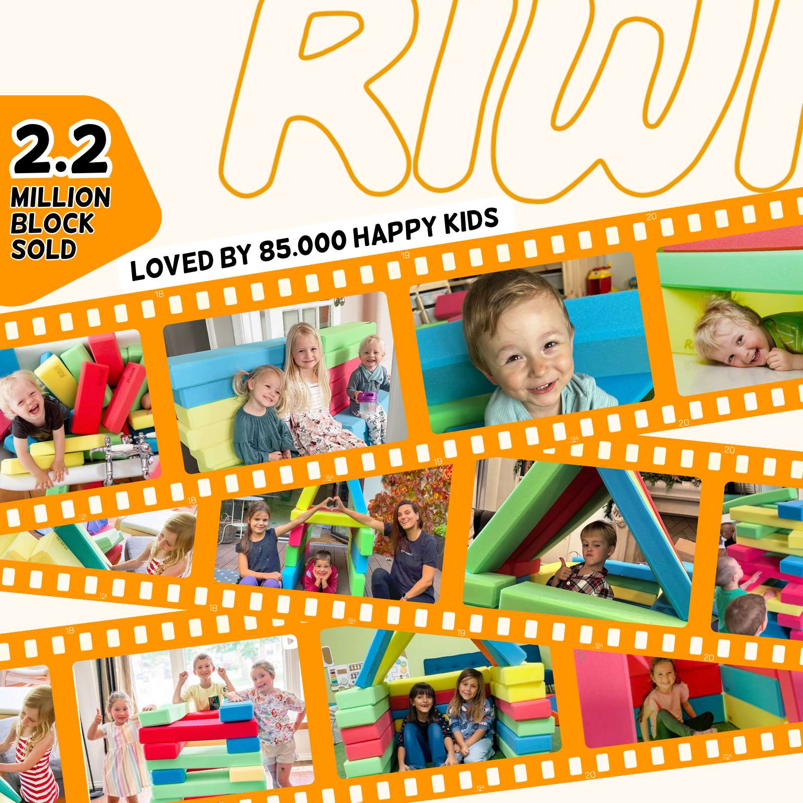 Kinder spielen mit bunten RIWI-Bausteinen, umgeben von Texten über 2,2 Millionen verkaufte Bausteine und glückliche Kinder.