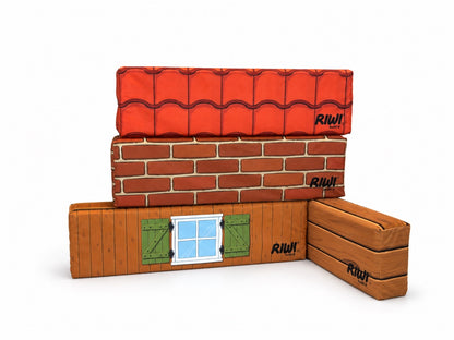 RIWI® World Set Bauernhaus – 4 bedruckte Velours-Bezüge: Dachziegel, Ziegelmauer, Fenster, Holzwand