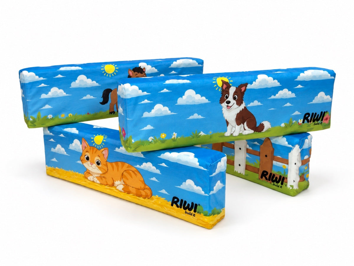 RIWI® World Set Pferd, Hund & Katze – 4 bedruckte Velours-Bezüge: Pferd, Hund, Katze, Gartenzaun