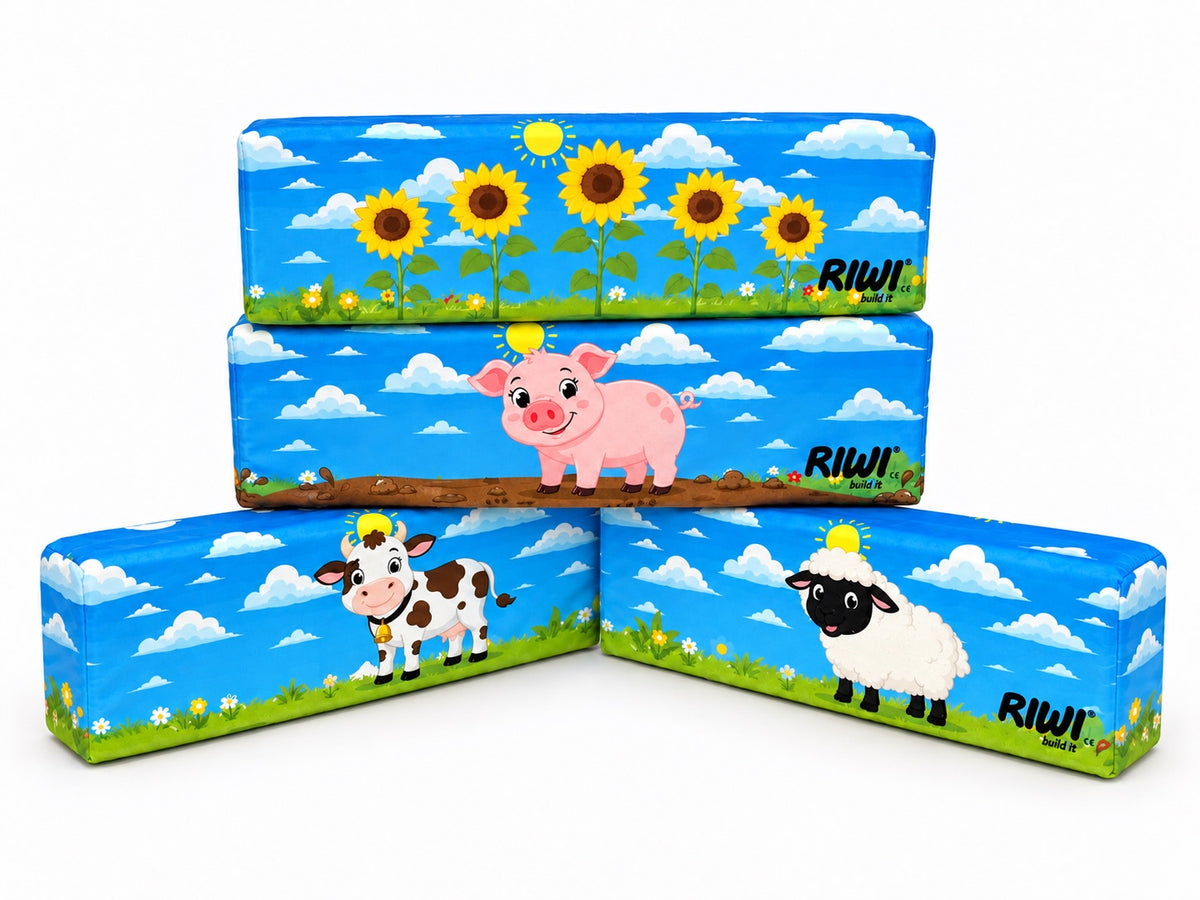RIWI® World Set Sonnenblumenwiese – 4 bedruckte Velours-Bezüge: Sonnenblumen, Schwein, Kuh, Schaf